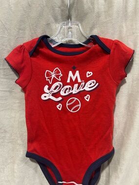 Red Baby Onesie with Navy Trim - "M Love" Graphic. MLB.